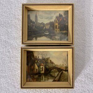 Vintage Miniature Art Prints Of "Le Quai Vert" & "Pont de l'Ecoutete"